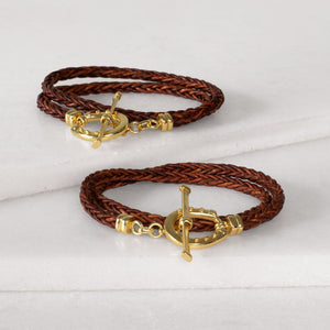 Roundup - Braided Leather Horseshoe Bracelet in Brown & Gold