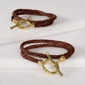 Roundup - Braided Leather Horseshoe Bracelet in Brown & Gold