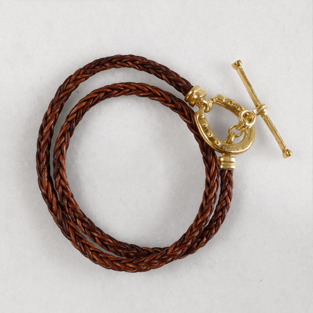 Roundup - Braided Leather Horseshoe Bracelet in Brown & Gold