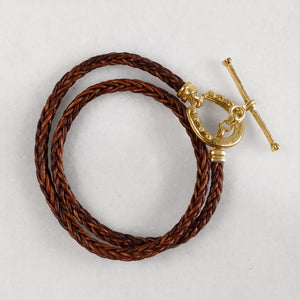 Roundup - Braided Leather Horseshoe Bracelet in Brown & Gold