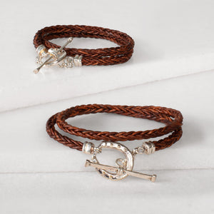Roundup - Braided Leather Horseshoe Bracelet in Brown & Silver