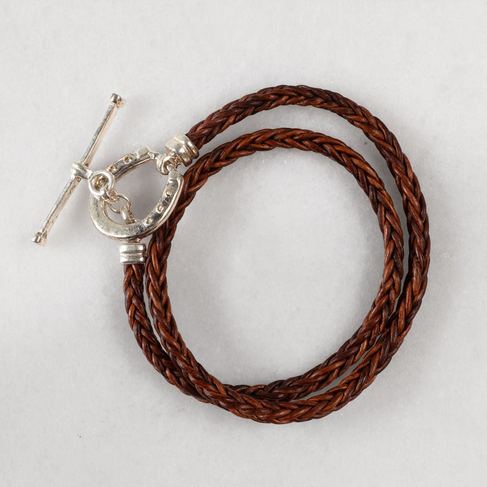Roundup - Braided Leather Horseshoe Bracelet in Brown & Silver