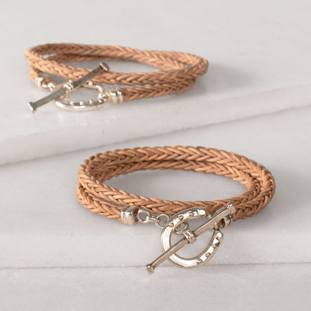 Roundup - Braided Leather Horseshoe Bracelet in Natural & Silver