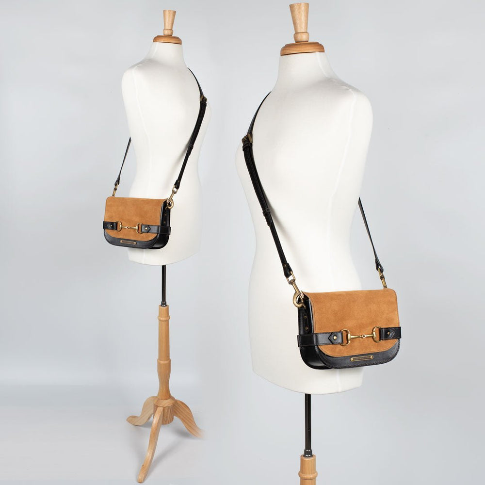 Saratoga- Horse Bit Crossbody Luxury Leather Handbag in Black on Chestnut