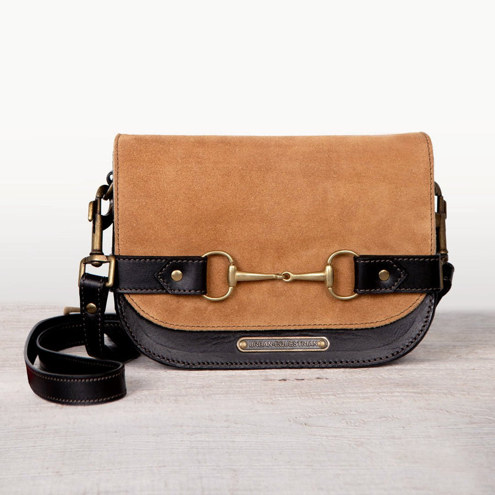 Saratoga- Horse Bit Crossbody Luxury Leather Handbag in Black on Chestnut