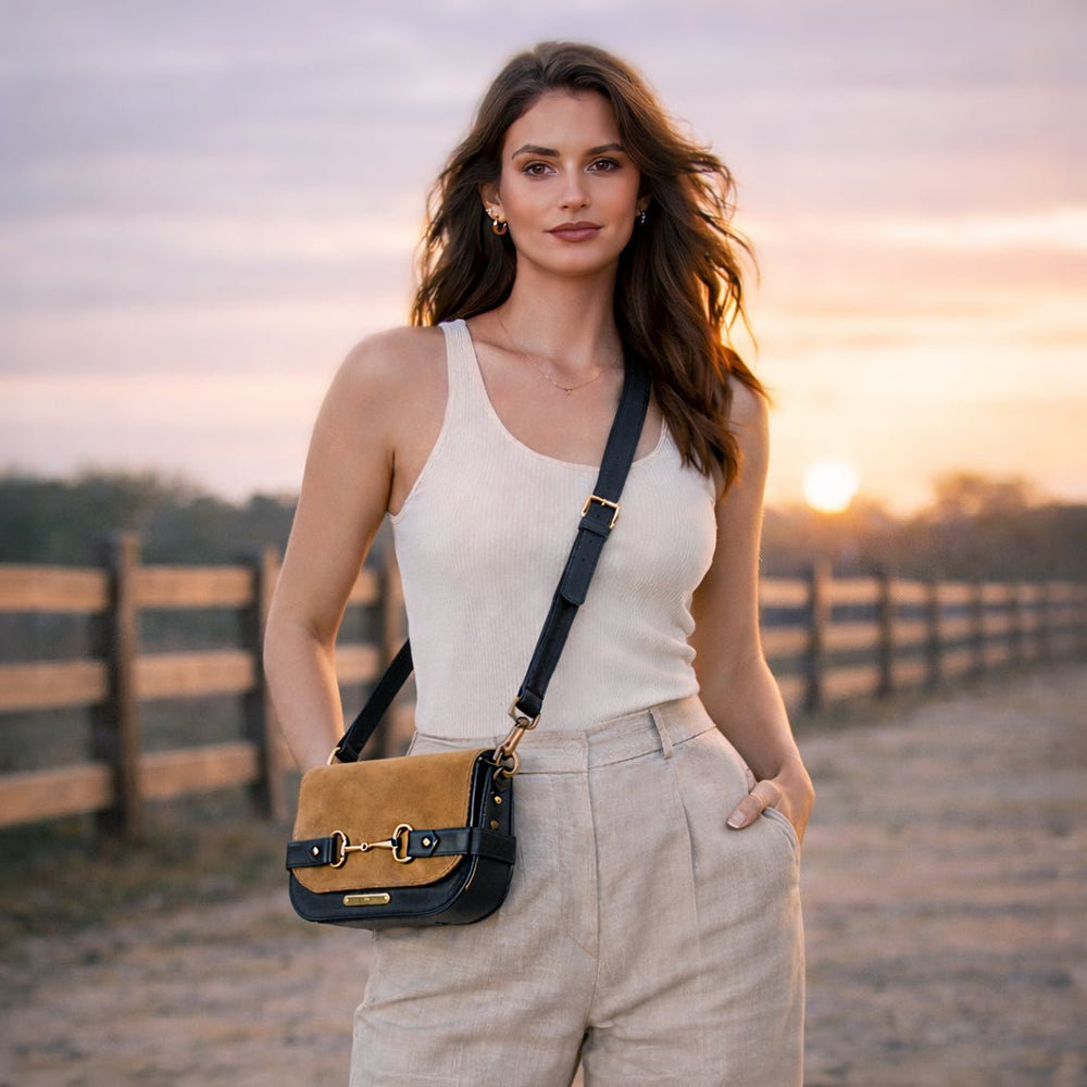 Saratoga- Horse Bit Crossbody Luxury Leather Handbag in Black on Chestnut