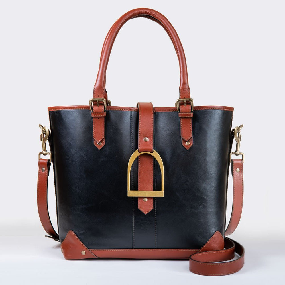 Signature - Riding Stirrup Tote Luxury Leather Handbag in Cognac on Black