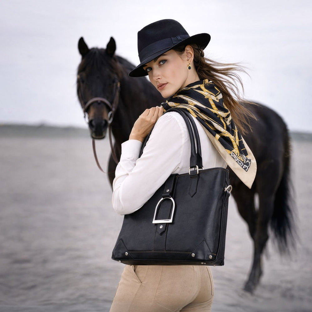 Signature - Riding Stirrup Tote Luxury Leather Handbag in Black