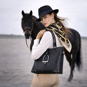 Signature - Riding Stirrup Tote Luxury Leather Handbag in Black