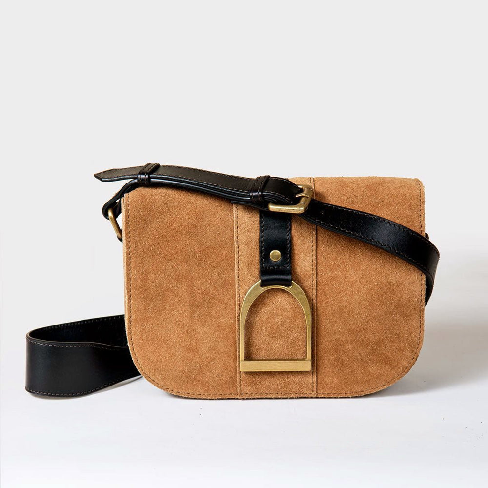 Signature Stirrup - Riding Stirrup Crossbody Luxury Leather Handbag in Black on Chestnut