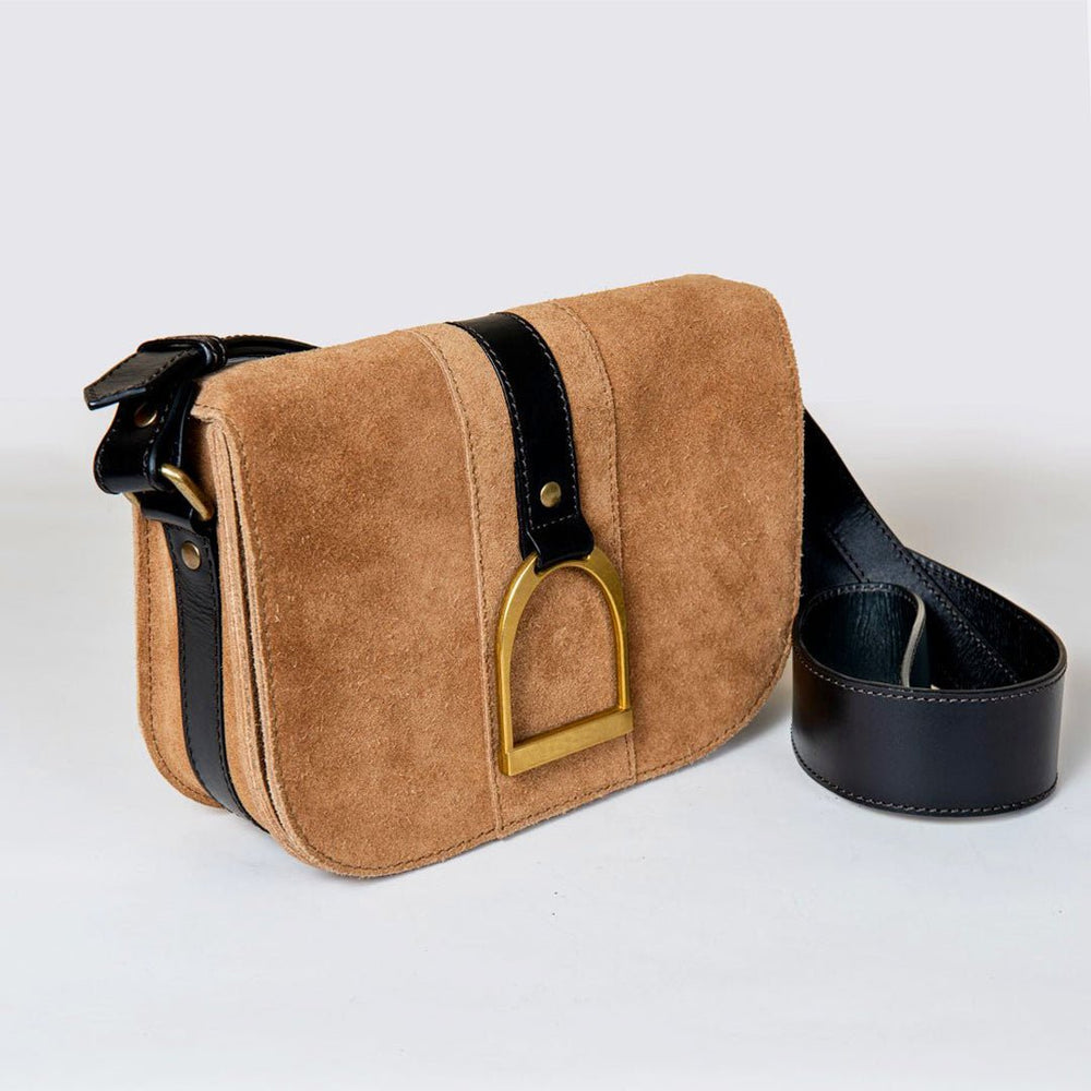 Signature Stirrup - Riding Stirrup Crossbody Luxury Leather Handbag in Black on Chestnut