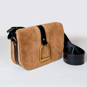Signature Stirrup - Riding Stirrup Crossbody Luxury Leather Handbag in Black on Chestnut