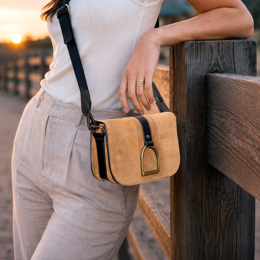 Signature Stirrup - Riding Stirrup Crossbody Luxury Leather Handbag in Black on Chestnut