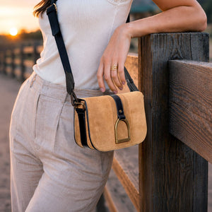 Signature Stirrup - Riding Stirrup Crossbody Luxury Leather Handbag in Black on Chestnut