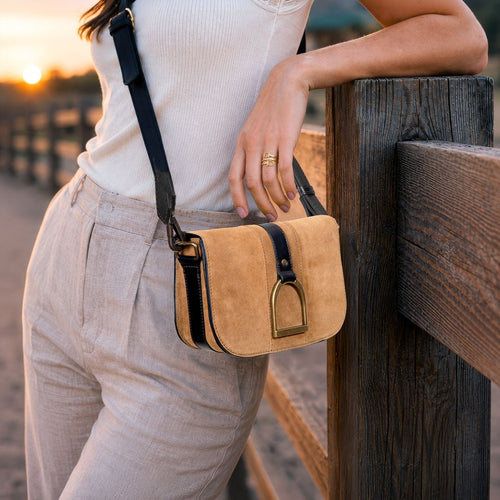 Signature Stirrup - Riding Stirrup Crossbody Luxury Leather Handbag in Black on Chestnut
