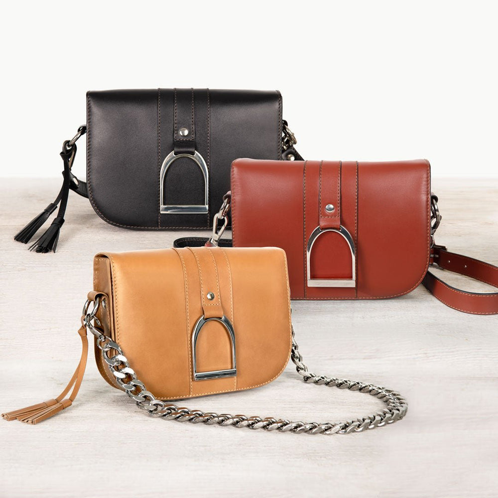 Signature Stirrup - Riding Stirrup Crossbody Luxury Leather Handbag in Cognac