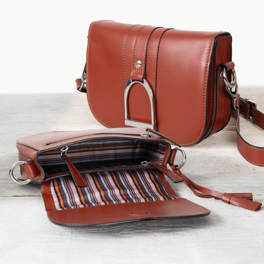 Signature Stirrup - Riding Stirrup Crossbody Luxury Leather Handbag in Cognac