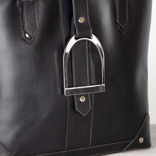 Signature - Riding Stirrup Tote Luxury Leather Handbag in Black