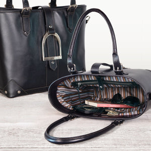Signature - Riding Stirrup Tote Luxury Leather Handbag in Black