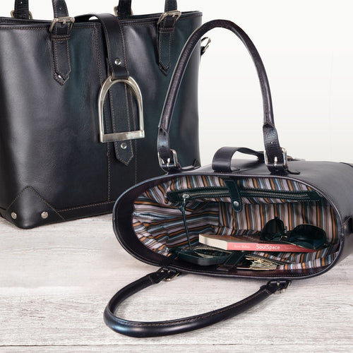 Signature - Riding Stirrup Tote Luxury Leather Handbag in Black