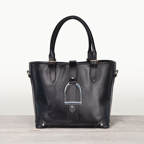 Signature - Riding Stirrup Tote Luxury Leather Handbag in Black
