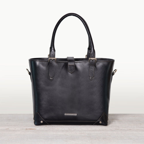 Signature - Riding Stirrup Tote Luxury Leather Handbag in Black