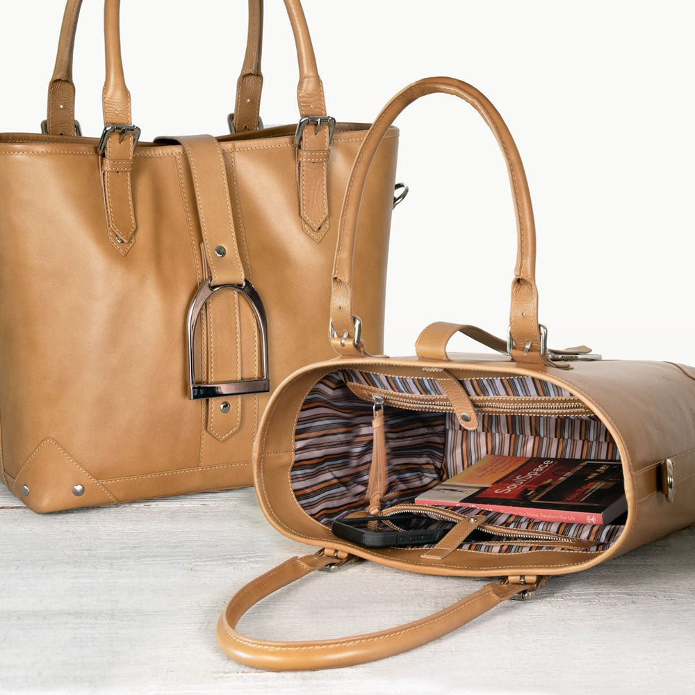 Signature - Riding Stirrup Tote Luxury Leather Handbag in Caramel