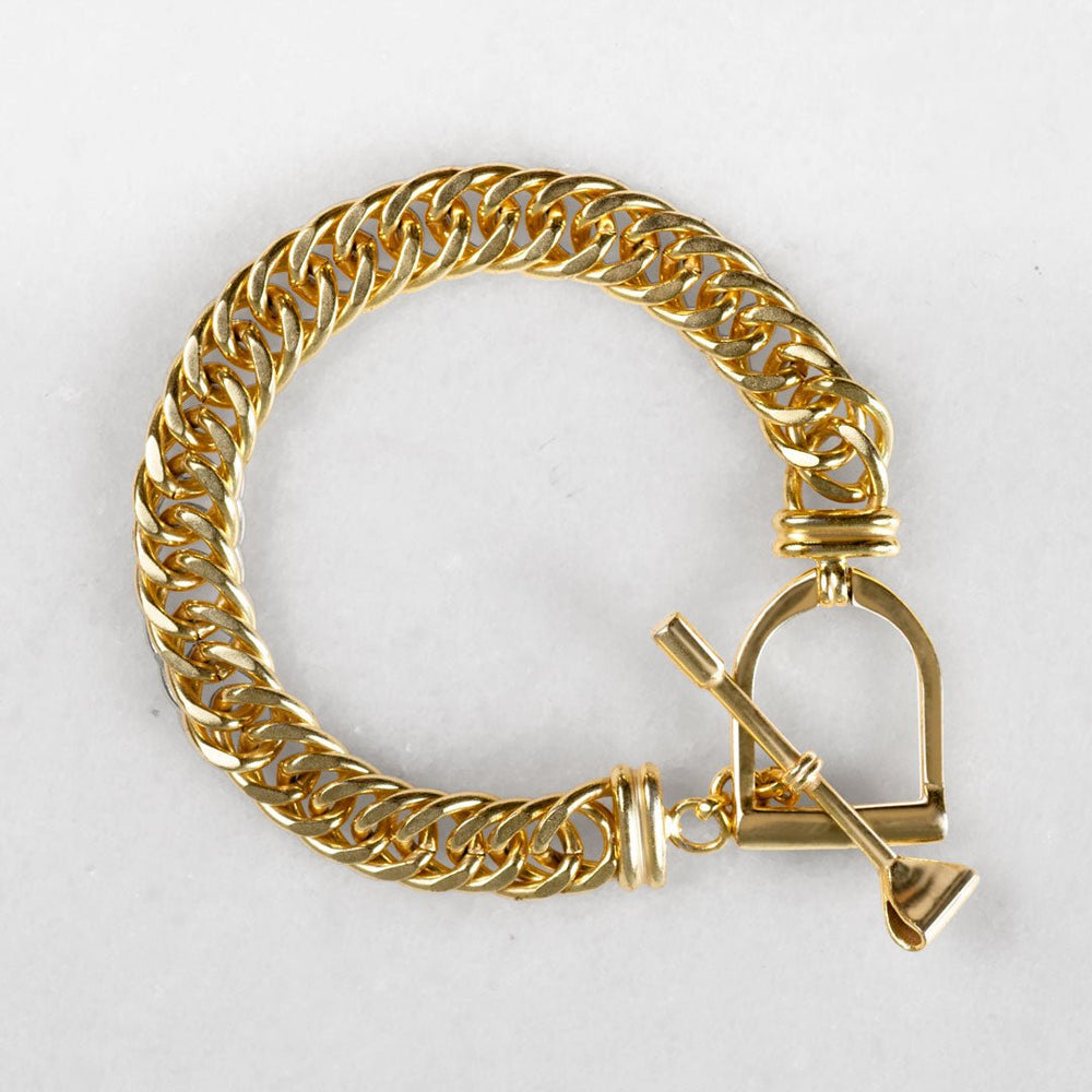 Polo Curb Chain Riding Stirrup T-Bar Bracelet in Gold
