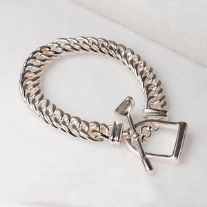 Polo Curb Chain Riding Stirrup T-Bar Bracelet in Silver