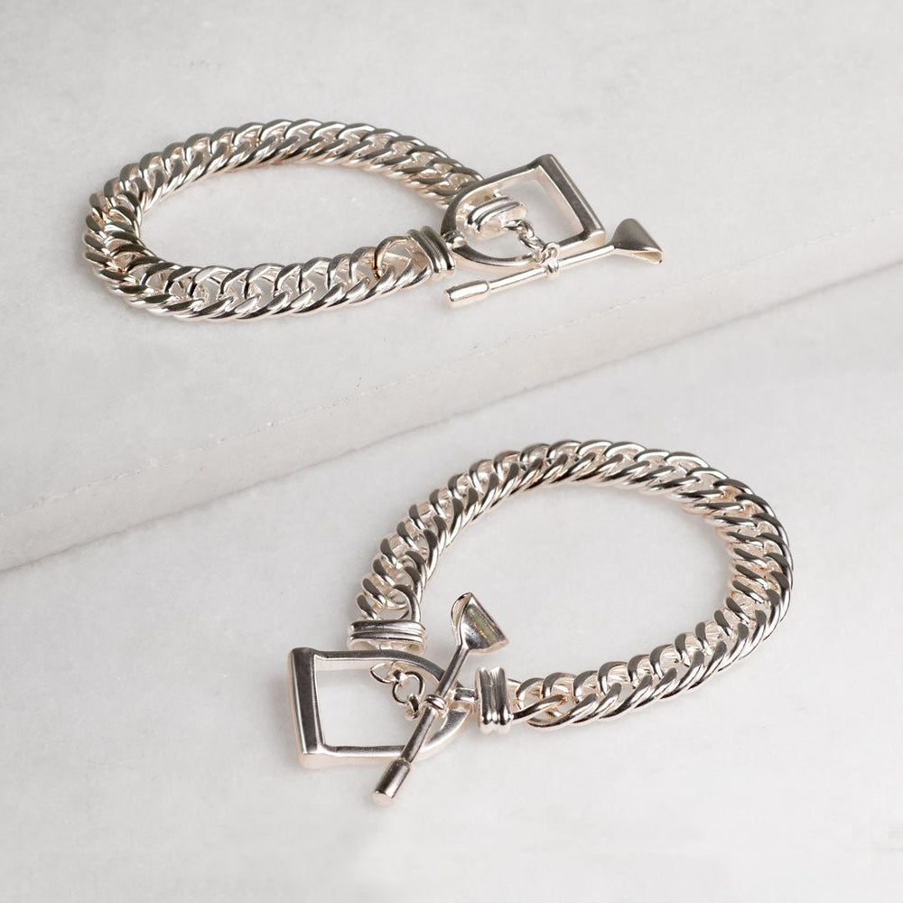 Polo Curb Chain Riding Stirrup T-Bar Bracelet in Silver